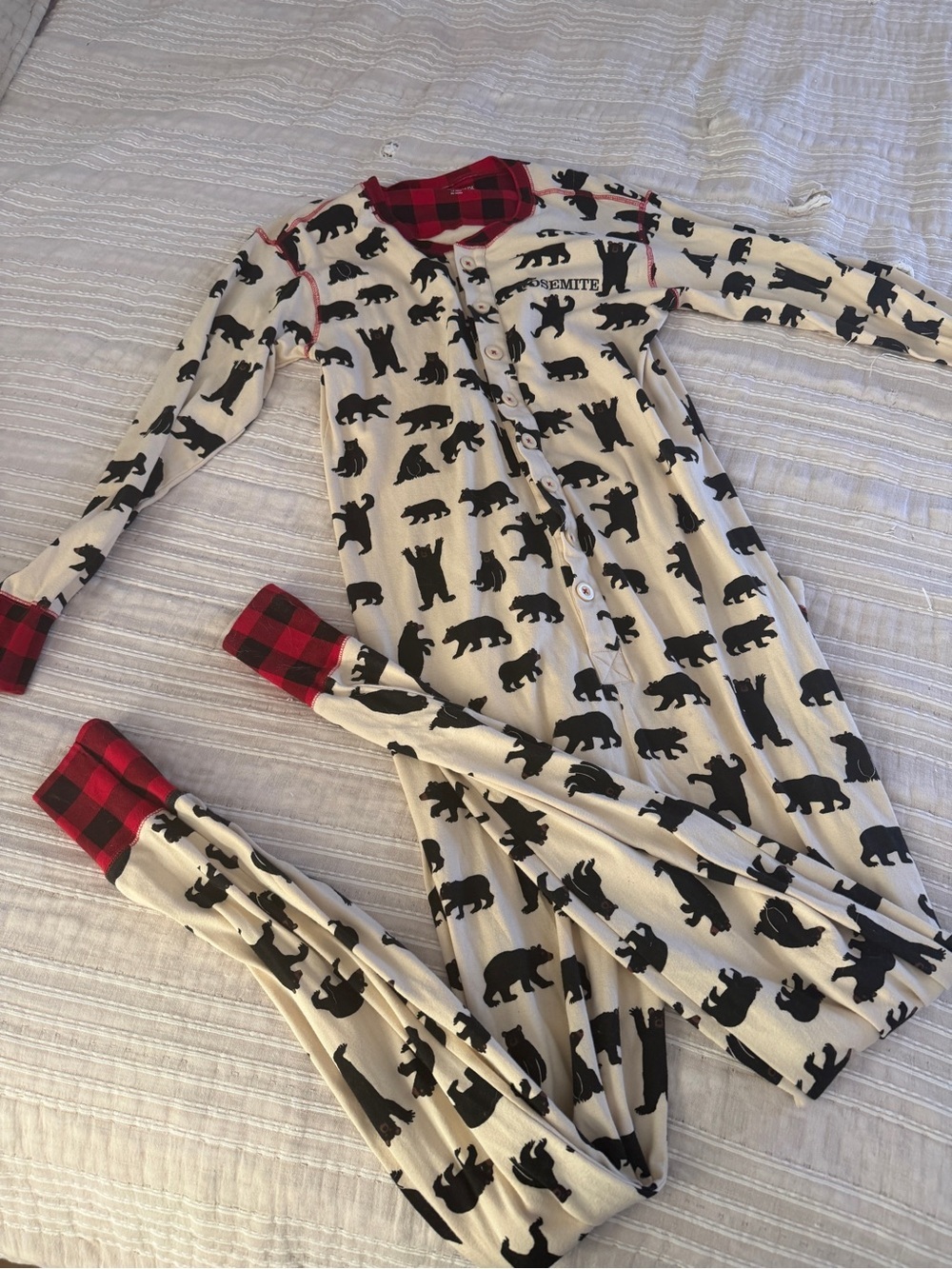 Mens Cream Bear Print Footless Pajamas with Red Plaid Trim